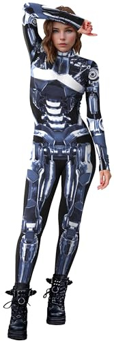 SEAUR - Skeleton Bodysuit Women 3D Skinny Jumpsuit Long Sleeve Funny Playsuit Rompers Adult Unisex Halloween Jumpsuit Robot Rompers