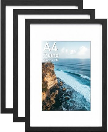 Histarzeda 3 Stück Bilderrahmen A4-21 x 29,7 cm, Din A4 Bilderrahmen Schwarz mit Acrylglas für Fotogalerie, Rahmen für Wandmontage waagrecht oder senkrecht für Wohnraum, Büro (Schwarz)