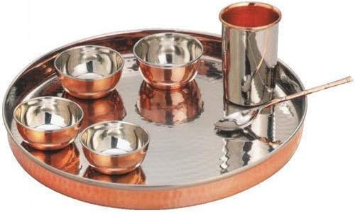Copper Steel Copper Dinner Thali, Bowls, Spoon, Glass, Traditional Style 7 Piece Dinner Set | Thali Diameter 13 Inch