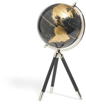Decorative World Globe on Tripod Stand – 17 Black and Gold Globe with Aluminum & Wood Base – Compact Desktop, Table & Shelf Accent for Home, Office, or Study