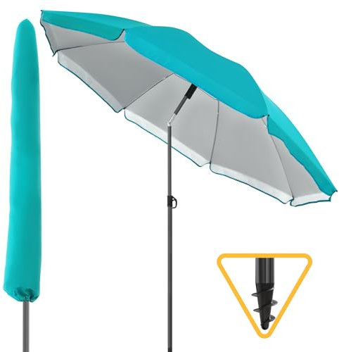 Menz Sonnenschirm Strand - UPF 50+ Sonnenschutz Strand, Strandschirm Ø 180 cm, Sonnenschirm mit Schutzhülle, Strandschirm windfest stabil, Fb. Türkis