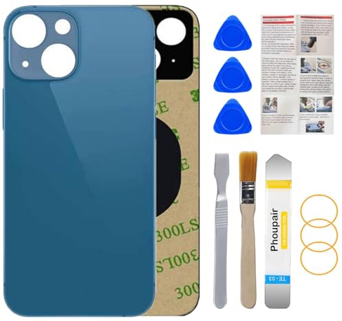 Phoupair Vitre arrière de Rechange Compatible avec iPhone 13 6,1 avec kit de réparation et Manuel d'installation (Bleu)