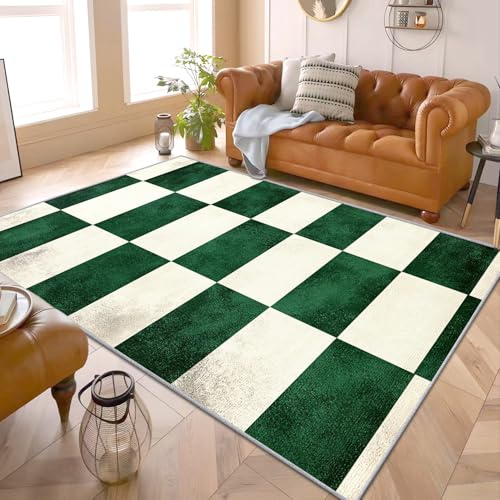Schachbrett Teppich Grün - Teppich Wohnzimmer Schlafzimmer Schachbrettmuster Grün, Großer Teppich Grün Karo, Weich Kurzflor & Waschbar & Rutschfest Wohnzimmerteppich, Bettvorleger 140x200 cm