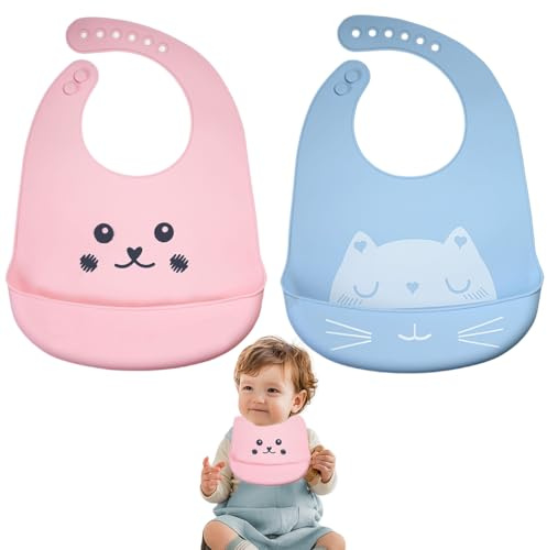 2 bavaglini in silicone, bavaglini per l'allattamento, bavaglini con raccoglitore, senza BPA, lavabili, impermeabili per neonati e bambini piccoli