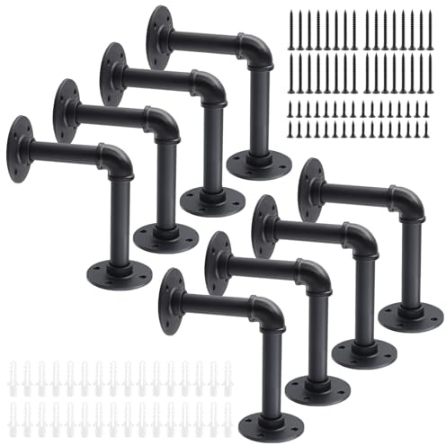 JEUIHAU 8 Pack Industrial Pipe Shelf Brackets, Black Iron Pipe Brackets with Screws, Wall Mounted Rustic Shelf Bracket for Scaffold Board Home Decoration