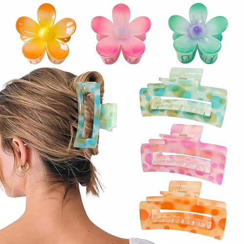 XFSRG 6 Piezas Pinzas Pelo Mujer 3 Pinzas Cuadradas y 3 Pinza Flor Pelo de Flor de Resina Ligera Antideslizantes y con Estilo para Cabello Grueso y Fino