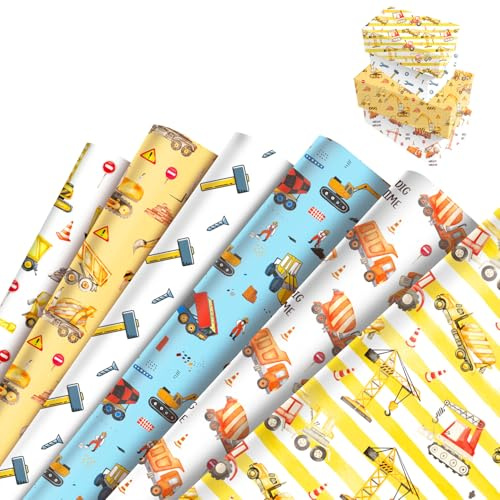 6 Bögen Geschenkpapier Junge, Geschenkpapier Kinder, Geschenkpapierrollen mit Truck Bagger Muster für Kinder, Mädchen, Jungen, Herren, Geburtstagsparty, Geburtstagsdekorationen