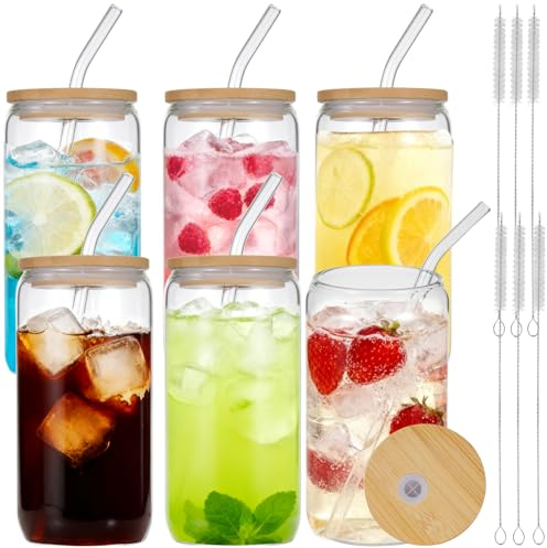 Sibosen 6er Set Glas mit Deckel und Strohhalm 500 ml Trinkgläser mit deckel Dosenförmige Glasbecher Longdrinkgläser mit Bambusdeckeln für Iced Coffee Glas Limonaden Cocktails Säfte Smoothies