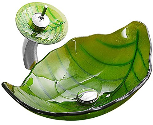 Lavandino in Vetro temperato, lavabo da Bagno a Forma di Foglia, lavabo da appoggio, con Rubinetto a Cascata e Scarico a Scomparsa, per ristrutturazione del Bagno, Blu