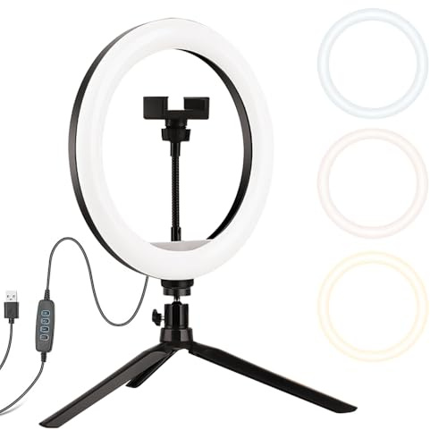 HomeBeyond 10 Selfie Ring Light with Tripod & Phone Holder – Dimmable LED Circle Light for Live Streaming, Makeup, YouTube & TikTok, Compatible with iOS/Android Phones, Black