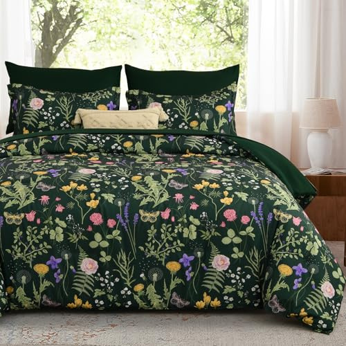 WONGS BEDDING Double Size Duvet Cover Set 3 Piece, Dark Green Floral Bedding Set, Quilt Cover with Botanical Flowers Patterns, Soft Brushed Microfiber Bedding Cover with 2 Pillowcases, 200x200 cm