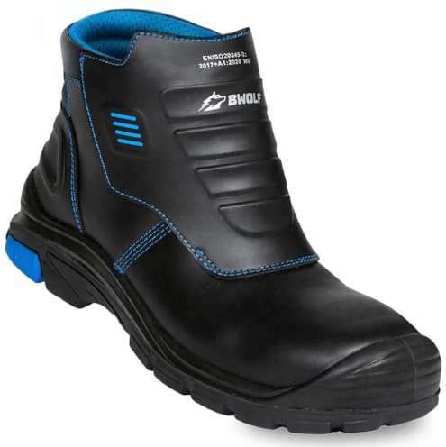 BWOLF Welder Pro HI S3 - Zapatos de trabajo resistentes al fuego, suela antideslizante de PU/goma, piel resistente al calor, Negro , 45 EU