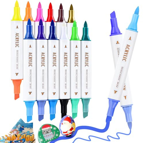 Keukenket 24Farben Acrylstifte Set,12 Stück Dual Brush Tip Acrylmarker für Stein wasserfeste, Marker Stifte für Stoff, Leinwand, Glas, DIY-Basteln,Holz und Papier