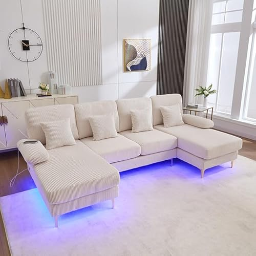 FammyLoft U-Sofa mit LED, Ecksofa mit Schlaffunktion, 265cm, Schwarz | 4 Luxuriöse Kissen, Ergonomische, Massivholzrahmen