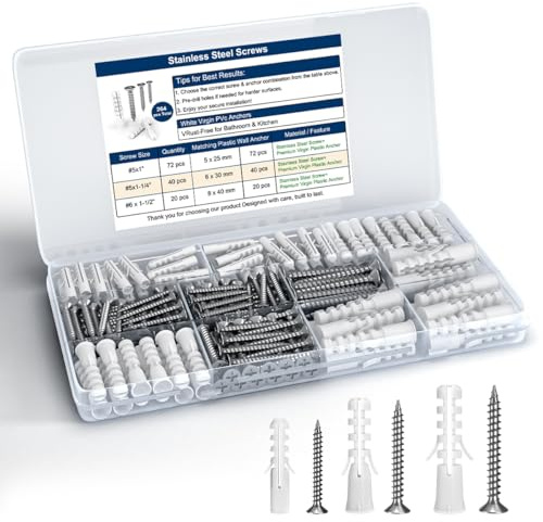 Drywall Anchors and Screws Kit – 264PCS Screws and Anchors for Wall, Drywall, Picture Hanging – Heavy Duty Plastic Wall Anchors and Screws Set for Drywall, Anchors for Screws, Wall Anchors for Drywall