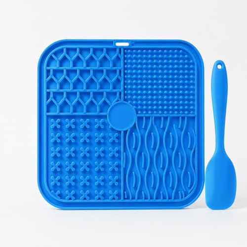 Licking Mat for Dogs and Cats, Blue, Food Grade Silicone, 20x20 cm, with Spreading Spatula, Slow Feeder