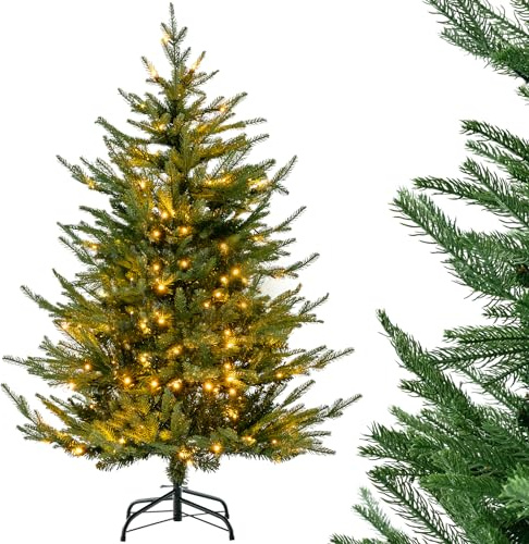 COSTWAY 4.5FT/6FT Pre-Lit Christmas Tree, Hinged Artificial Xmas Trees with Warm White LED Lights, 8 Lighting Modes, PE & PVC Branch Tips, Xmas Holiday Decor for Home Office (183 cm)