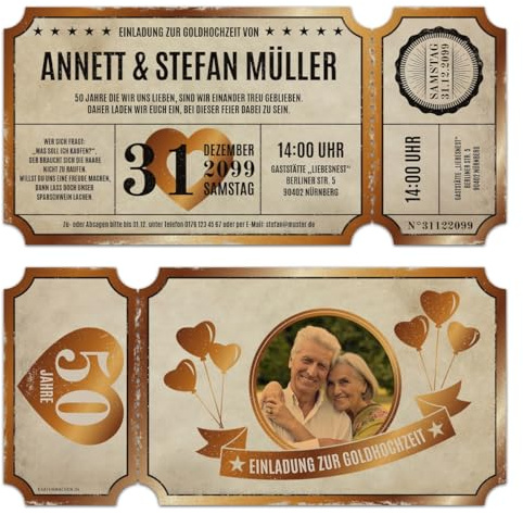 Kartenmachen.de Individuelle lasergeschnittene Foto Goldhochzeit Einladungen in Sonderform inkl. echtem Abriss Vintage Ticket Luftballons, ab 10 bis 100 Stück selbst gestalten