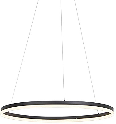 Qazqa Esstisch led Design Pendelleuchte, Pendellampe - Anello - Schwarz, Rund, 2700K, warmweiß, dimmbar, 80cm, Ideal als Esszimmerlampe, Bürolampe und Wohnzimmerlampe