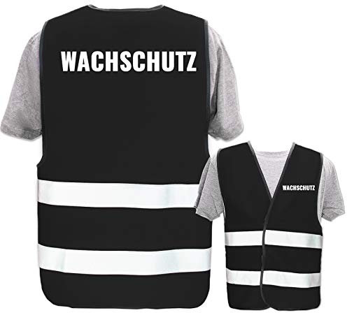 Hochwertige Warnweste mit Leuchtstreifen * Bedruckt mit: Wachschutz * Farbe + Größe: Schwarz (M/L) * Thema Sicherheit und Team * Farbiger oder Reflektierender Druck