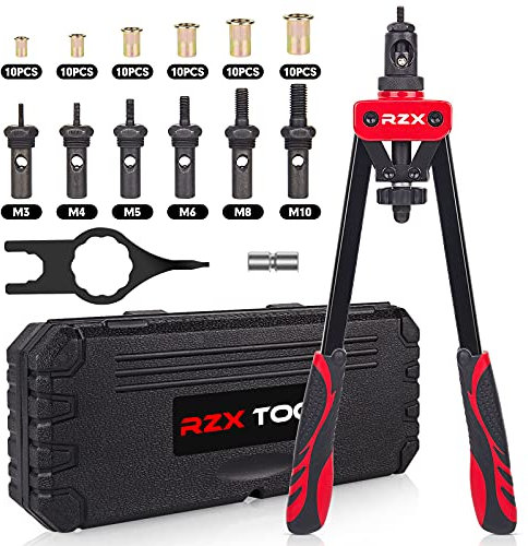 Strumento per rivettare 14 - Kit professionale per rivetti con M3 M4 M5 M6 M8 M10 metriche 6 mandrini e 60 dadi, design per limitare gli sforzi, con robusta custodia per il trasporto