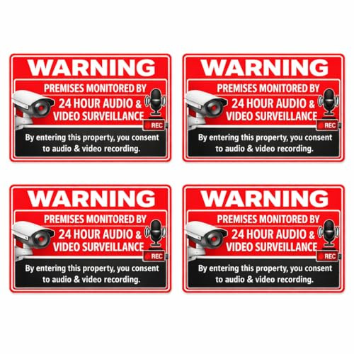 Audio Video Surveillance CCTV Stickers 4 Pack – 150 x 100 mm | Warning protected premises | Self adhesive vinyl | Security notice | Approx A6 size | Indoor or outdoor use