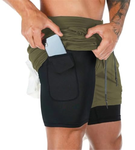 Superora Herr löpning gym 2 i 1 sportshorts andningsbara utomhus träningsshorts med fickor, Armégrön, M