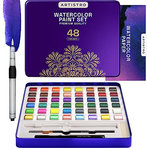 Artistro Aquarellfarben Set, 48 Lebendige Farben, Inklusive Metallic- und Fluoreszenzfarben, Perfektes Reise-Wasserfarben-Set für Künstler, Hobbymaler und Malerei-Liebhaber (Premium Home)