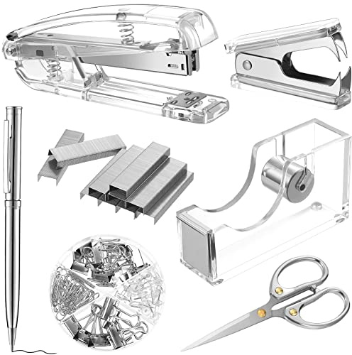 Bürobedarf Set Schreibtisch Zubehör Kit, Acryl Heftgerät Set Heftklammerentferner, Klebebandabroller, Binder Clips, Büroklammern, Kugelschreiber und Schere mit 1000 Stück 26/6 Heftklammern (Silber)