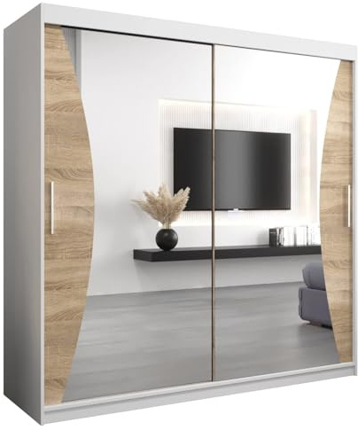 MEBLE KRYSPOL Kleiderschrank mit Spiegel Monaco - Garderobenschrank - Schrank Schlafzimmer - Mehrzweckschrank Zwei Schiebetüren - Regalen - Flur Möbel - Kleiderstange Schrank - Allzweckschrank