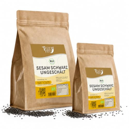 Tasty Pott schwarzer Bio Sesam ungeschält I Sesamsaat I Sesamkörner I Vollkorn Sesam I Vegane Ernährung I Asiatische Küche I Rohkostqualität I Im Beutel 1000g