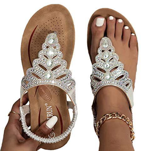 EGSDMNVSQ Sandali Piatti Infradito da Donna Scarpe estive Boho Strass Glitter Sandali da Spiaggia con Cinturino a T Comodi Separatori delle Dita con Plantare Morbido Moda Spiaggia Open Toe Eleganti