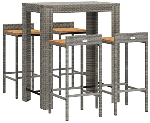 vidaXL Gartenbar Set 5-TLG., Gartenmöbel Bartisch 4 Barstühle, Stehtisch Barhocker für Garten, Sitzgruppe Gartenset, Grau Poly Rattan Massivholz Akazie