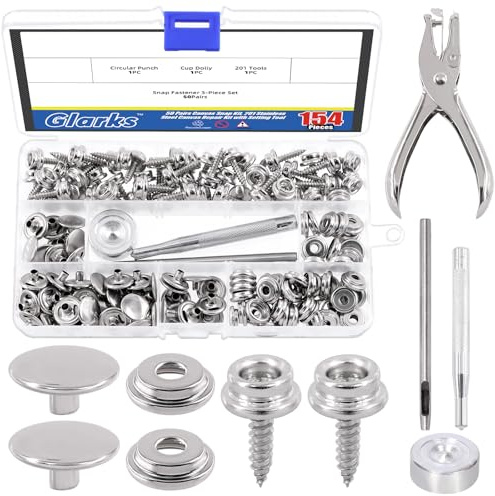 Glarks 164Pcs Canvas Snap Kit with Setting Tool, 3/8 Stainless Steel Marine Grade Screw Snaps Boat Canvas Snap Buttons Press Stud Cap Heavy Duty Snap Fasteners Kit (Snap Buttons Set)
