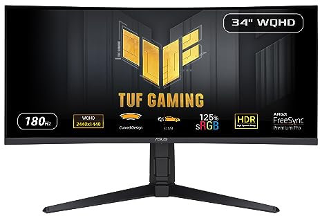 ASUS TUF Gaming 34” 1440P 1500R Curved Monitor (VG34VQL3A) - QHD (3440 x 1440), 180Hz, 1ms, Extreme Low Motion Blur, Freesync Premium Pro, 125% sRGB, DisplayHDR 400, Height Adjustable, 3 year warranty