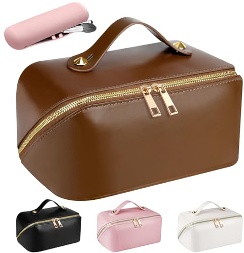 Neceser Maquillaje Grande de PU Cuero - Bolsa de Viaje XXL para Mujer - Organizador de Aseo y Makeup Bag - Accesorios de Viaje (Liso-Marrón)