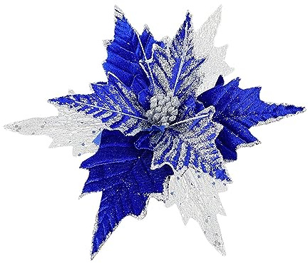 Aphmeir 6 Stück glitzernde Weihnachtssterne Blumen, 20,3 cm blauer Weihnachtsstern künstliche Weihnachtsblumen, Weihnachtsstern Dekor mit Stielen für Weihnachtsbaumschmuck, Urlaubsdekoration
