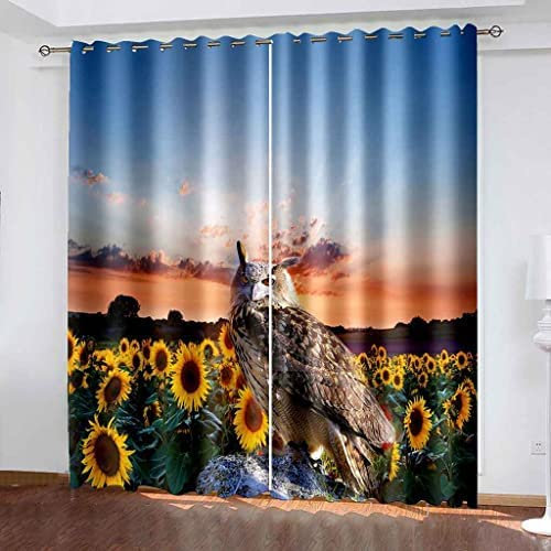 Schattierung Vorhänge 2Er Set 3D Sonnenuntergang Tier Eule Blume Meer Druck Isolierung Schalldichte Kinder Gardinen Blickdicht Mit Ösen Vorhang Fenster Für Wohnzimmer Schlafzimmer Balkon 140(B)X160(H