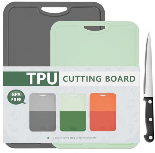 Onadak Flexible TPU Chopping Board, BPA Free with Knife and Juice Groove, Scratch Resistant Flexible Chopping Boards for Kitchen, Dishwasher Safe, Grippy Handle, Non-Slip(M-Dark Grey + S-Green)