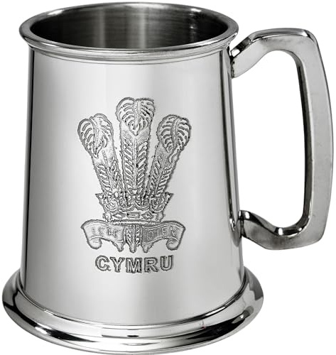 Zinn Krug 1pt geprägte Prince-of-Wales-Federn und CYMRU Quadratischer Griff Bier Krug Möglich für Gravur Personalisierte Geschenke für Männer und Frauen