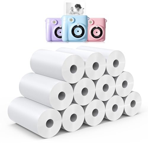 Hikkon 12 Rolls Kids Instant Print Camera Thermal Paper - Zero Ink Printing Paper Thermal Refill Paper Rolls for Most Kids Instant Digital Camera(White-12)