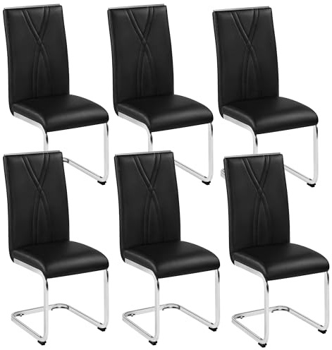 Yaheetech 6er Set Esszimmerstühle mit Metallgestell Küchenstuhl, Schwarz | Schwingstuhl aus Kunstleder, Polsterstuhl bis 136 kg belastbar, Freischwinger Stuhl für Esszimmer/Küche/Wohnzimmer/Restaurant