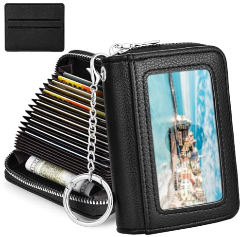 flintronic Kreditkartenetui Damen, RFID Schutz Leder Kreditkartenetui, 20 Fächer Kartenetui, Kartenhalter Geldbörse Klein Geldbeutel Mit Reißverschluss, Visitenkartenetui Damen und Herren – Schwarz