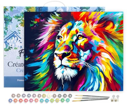 Figured'Art Malen Nach Zahlen Erwachsene Mit Rahmen Löwe Farbenfroh Abstrakt - Paint by Numbers Basteln DIY Bastelset 40x50cm - Leinwand gespannt auf Holzrahmen