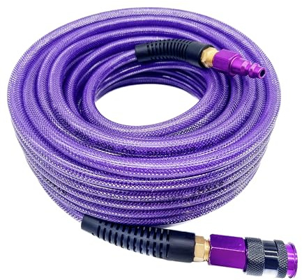 SYXQT Polyurethane(PU) 1/4-Inch x 50FT Reinforced, Air Hose with 1/4” Swivel Solid Aluminum Colored Universal Quick Coupler and Plug, Bend Restrictor,Purple