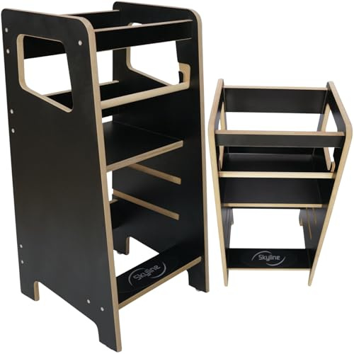 Skyline Steh und Lernturm Baby ab 1 Jahr Montessori Learning Tower Höhenverstellbar Tritthocker Kinder Indoor Möbel Kinderzimmer Trittschemel Kitchen Helper Hochstuhl Faltbarer Schwarz