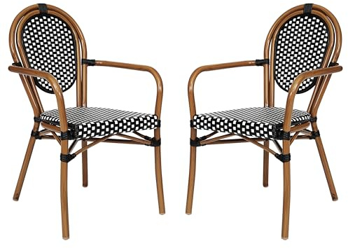 Flash Furniture Lourdes Indoor/Outdoor Commercial Thonet Bistro Stack Chair - Curved Arms - Blk/Wht PE Rattan Back and Seat - NAT Bamboo Metal Frame - Set of 2