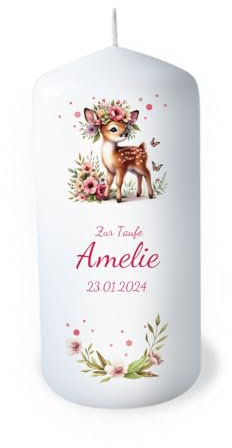 Bougie baptême personnalisée avec nom comme décoration de table décoration de table baptême comme cadeau personnalisé adorable bougie animaux cerf faon forêt durée de combustion 35 heures Ø 6,8 x