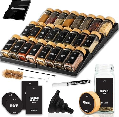 Deco haus® Gewürzregal Schublade [MIT 24 GEWÜRZGLÄSER & ETIKETTEN] - Gewürze Organizer - Gewürzeinsatz Schublade - Gewürzschublade Organizer mit Gläser - Schubladeneinsatz Gewürze