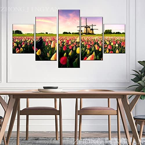 Kunstdrucke Gemälde 5 Teilig Leinwand Drucke,Wand Für Zuhause Malerei Wohnzimmer Wohnung Deko Modulare Bilder Süße Tulpen Und Windmühlen Hd Gedruckt Poster 175 X 80 Cm Schlafzimmerbürohotelwa -0F9D/A1
